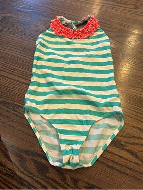 Boden Kids Aqua & White Striped Ruffle Neck Swimsuit